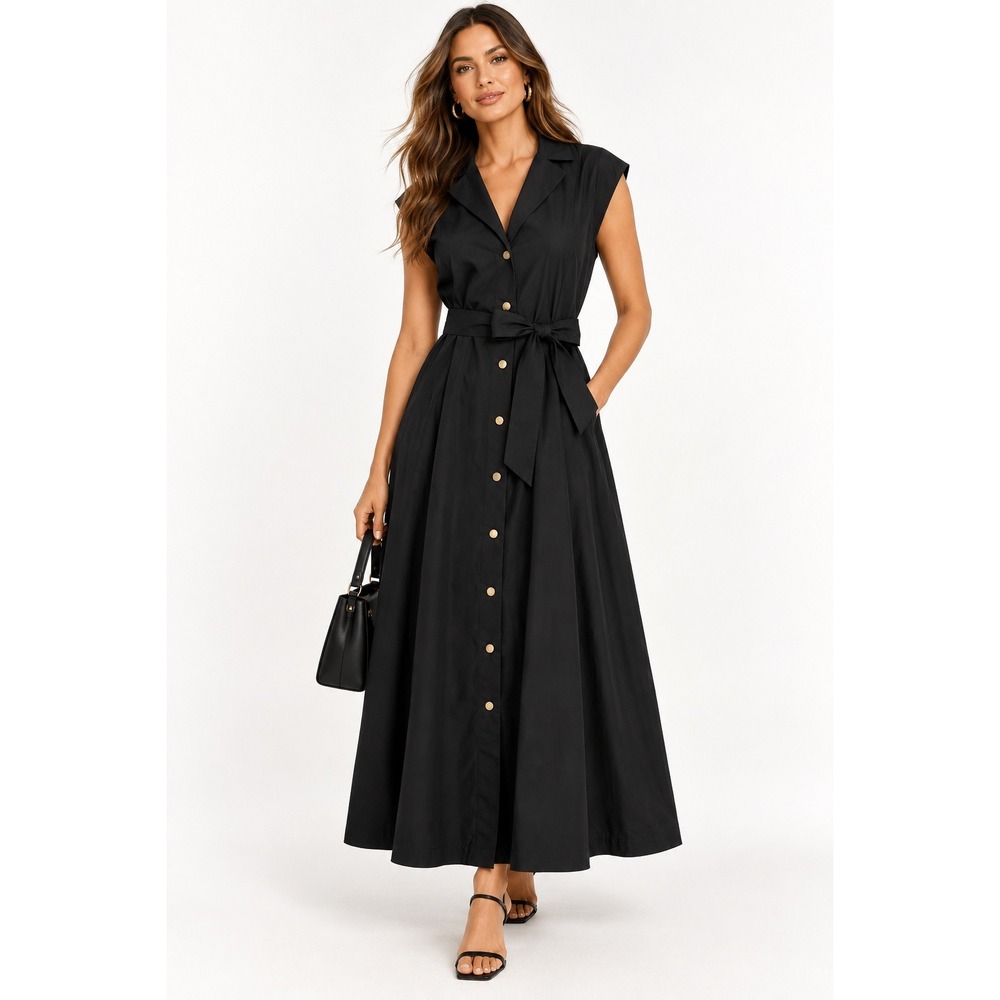 Maggy London Petite Black Belted Maxi Shirt Dress Sleeveless PS New
